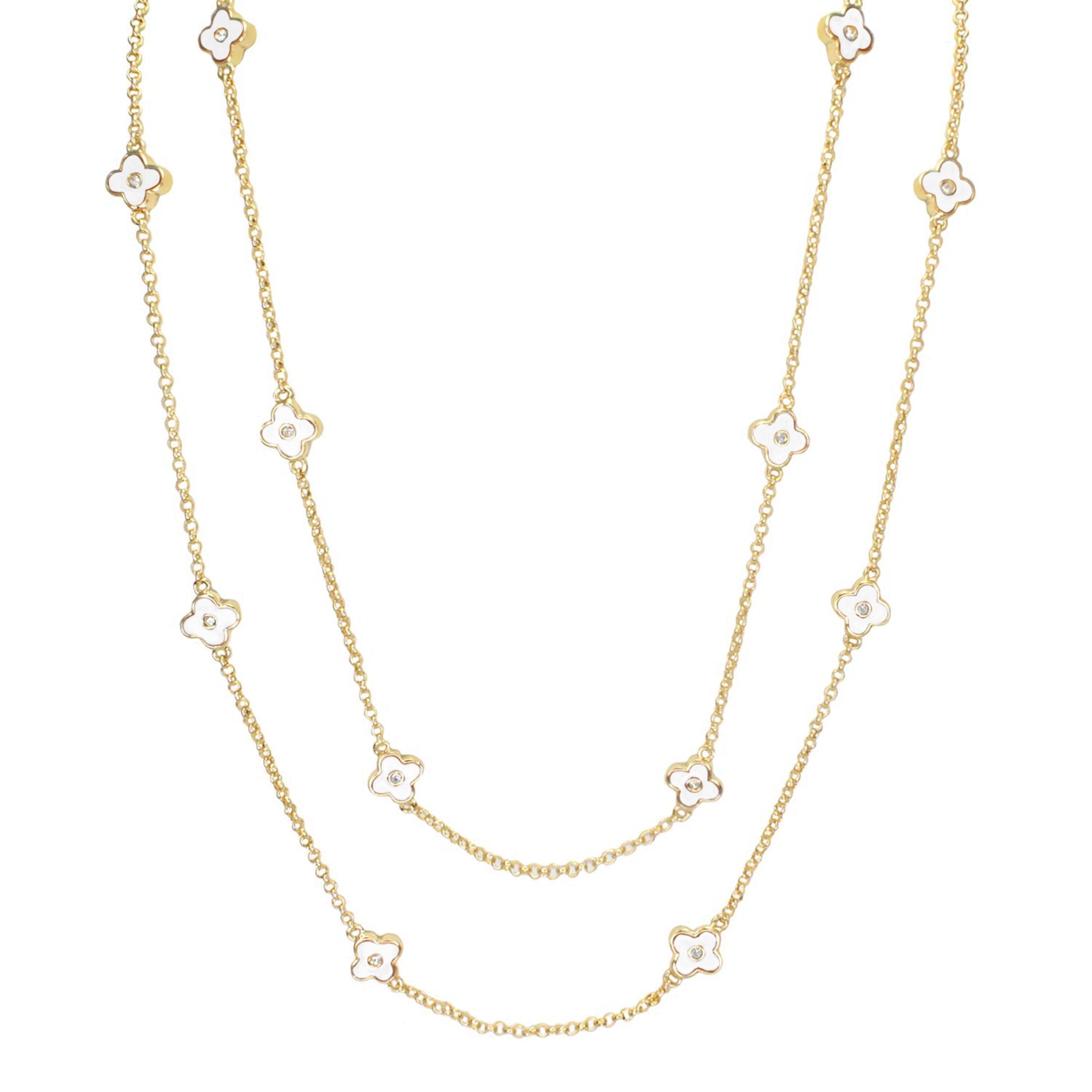 Daisy Love Necklace 48-Inch flower, gold-tone chain with white enamel daisies and crystals on Tampa Home & Garden Store