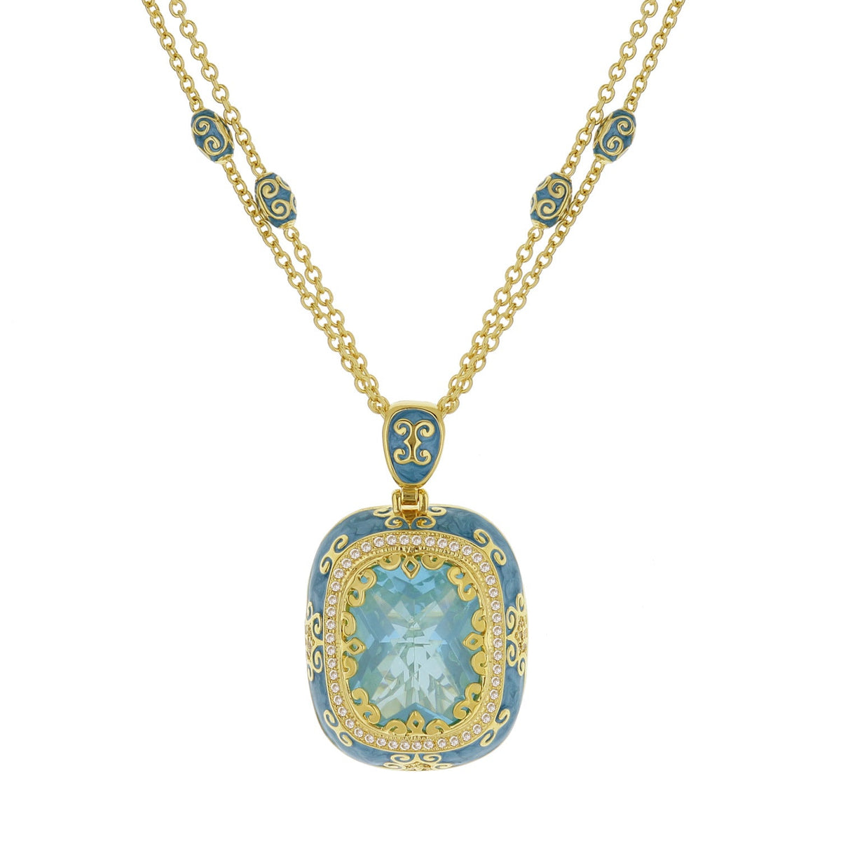 Moroccan Pendant necklace by Lauren G Adams with blue enamel and crystal halo in a gold-tone setting on Tampa Home & Garden Store