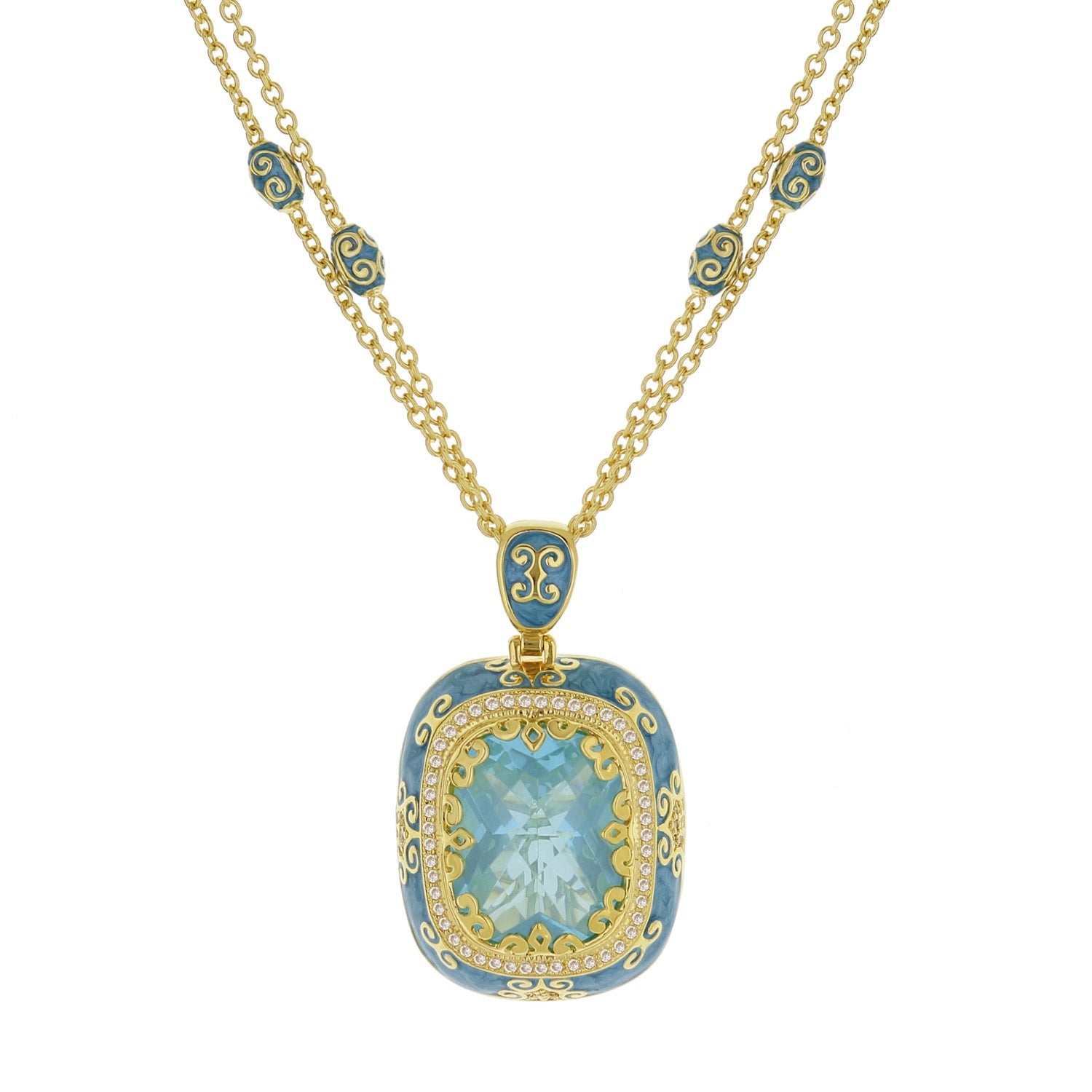 Moroccan Pendant necklace by Lauren G Adams with blue enamel and crystal halo in a gold-tone setting on Tampa Home & Garden Store