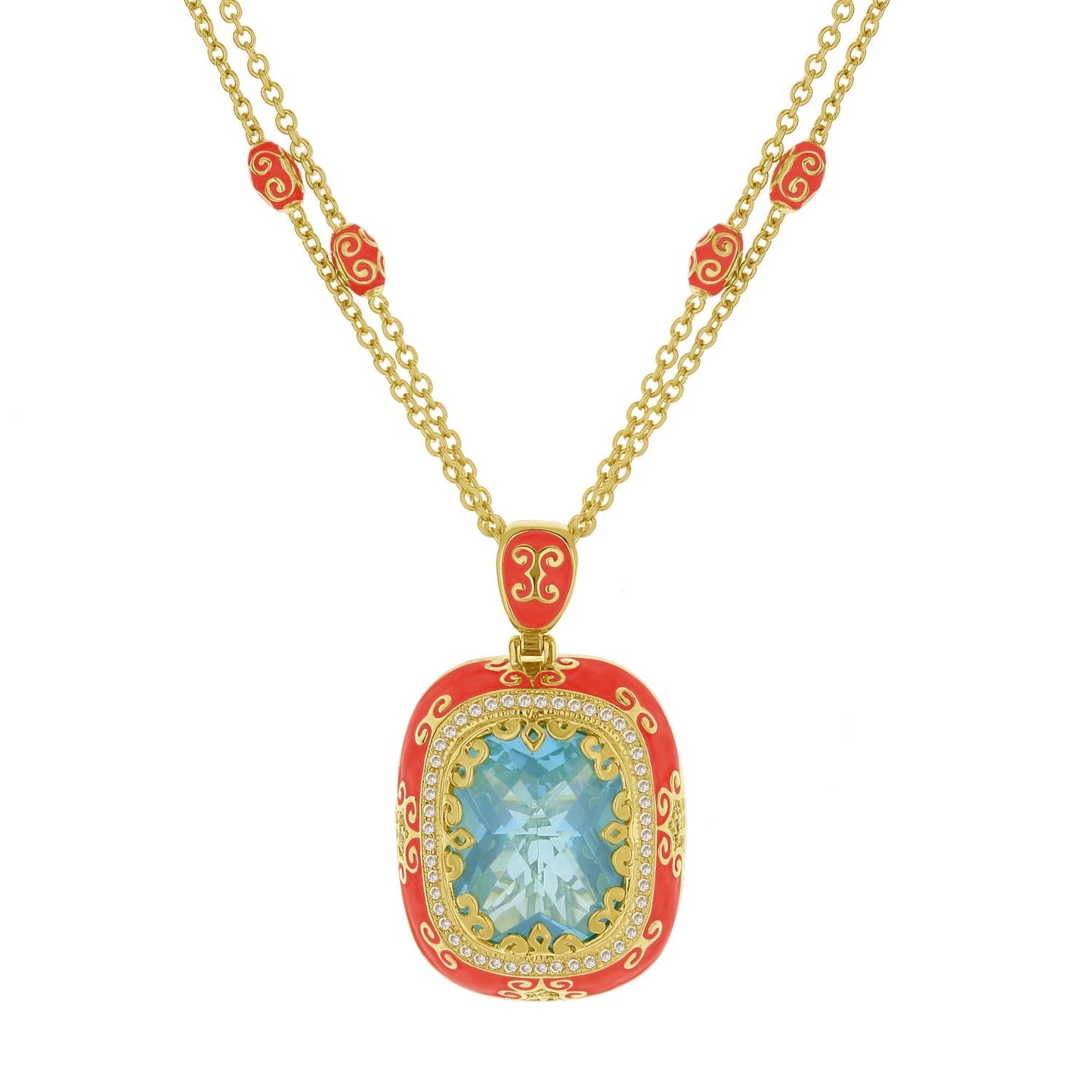 Moroccan Pendant necklace in gold-tone with red enamel turquoise stone crystal halo Lauren G Adams on Tampa Home & Garden Store