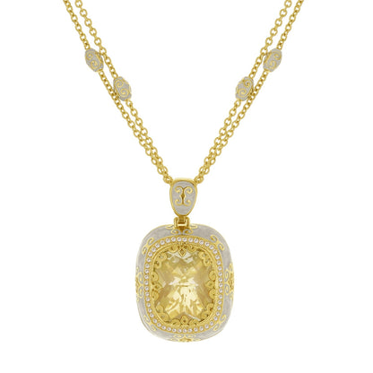 Moroccan Pendant by Lauren G Adams; gold chain, gray enamel beads, yellow gemstone centerpiece pendant on Tampa Home & Garden Store