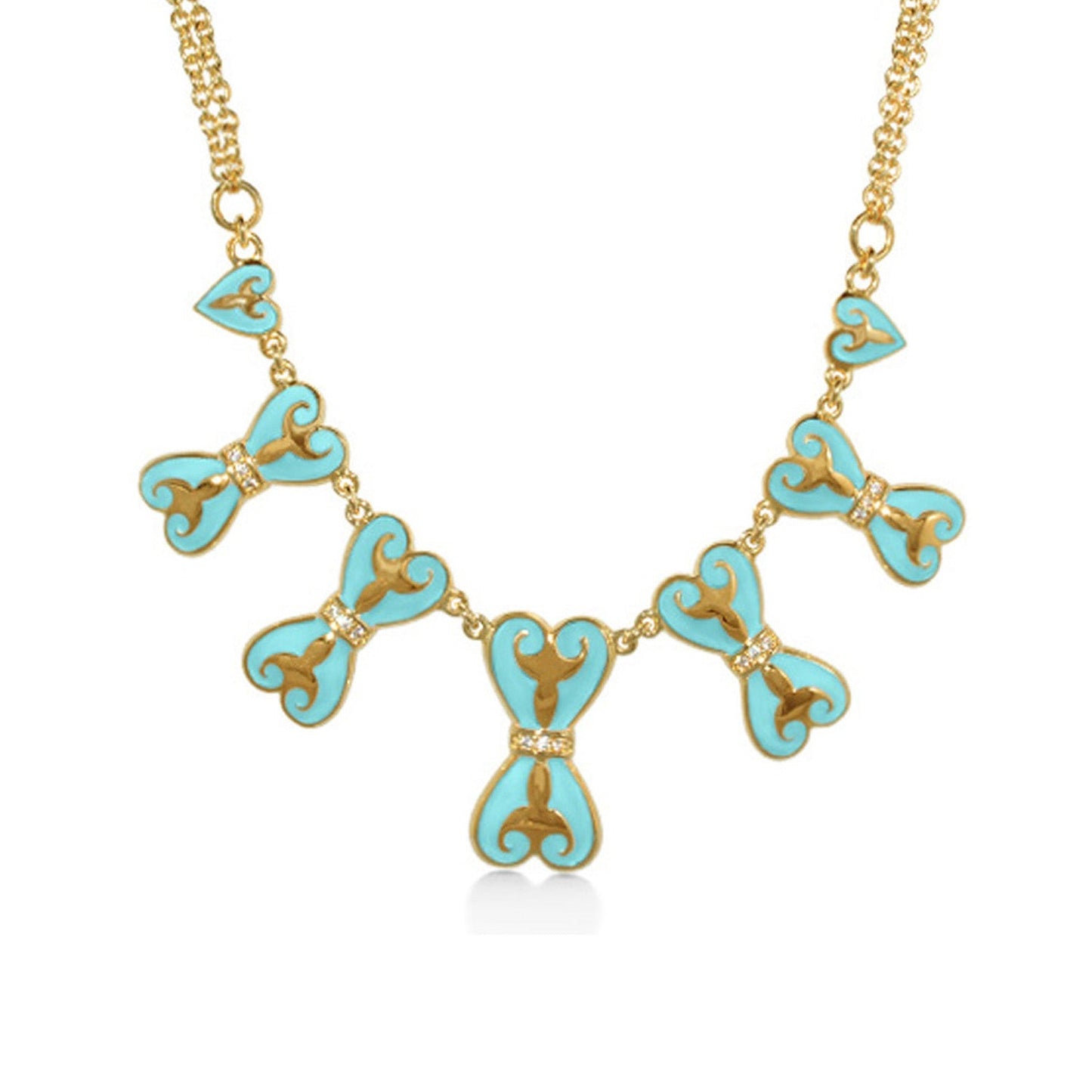 Bows and Hearts Necklace Lauren G Adams five turquoise enamel heartbow charms on gold chain on Tampa Home & Garden Store