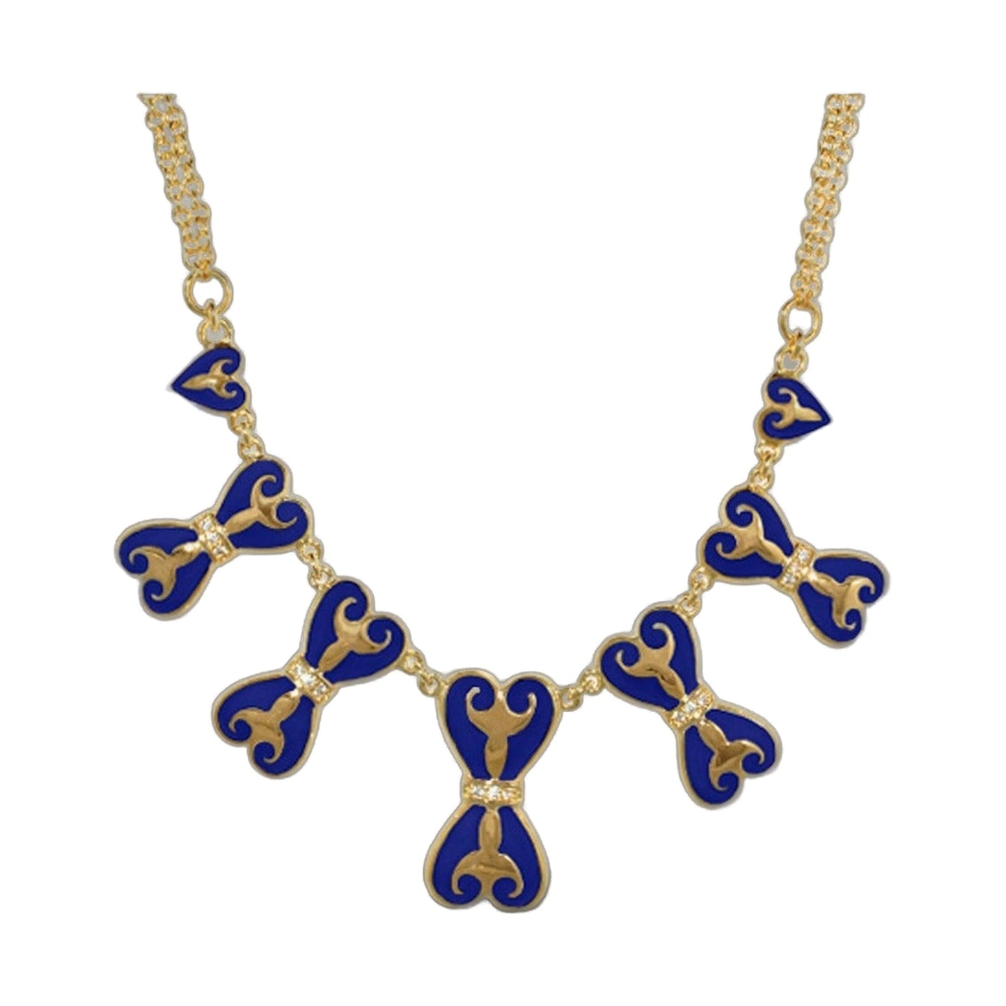 Bows and Hearts Necklace with blue enamel bow charms on a gold chain on Tampa Home & Garden Store