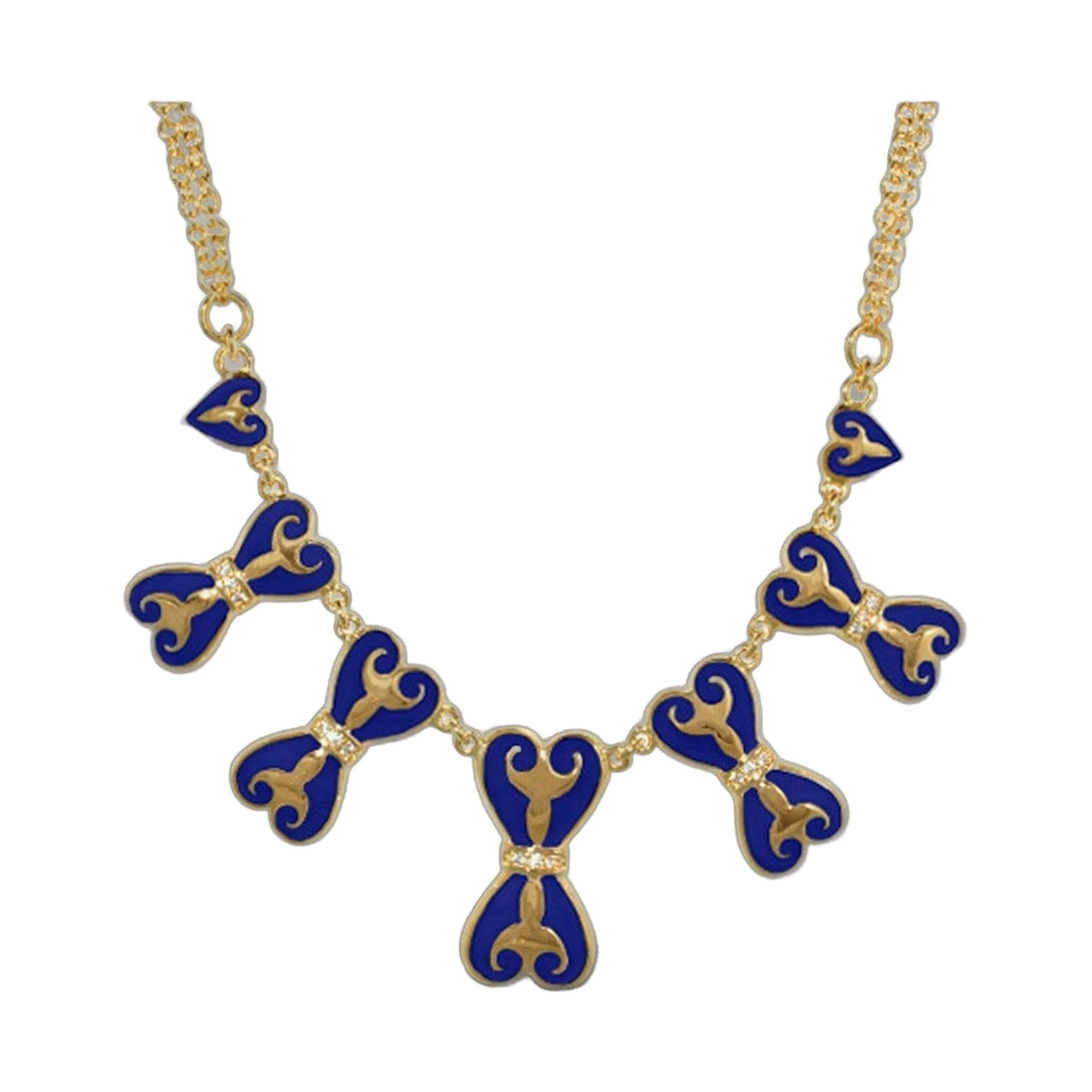 Bows and Hearts Necklace by Lauren G Adams with blue enamel bow pendants on a gold chain on Tampa Home & Garden Store