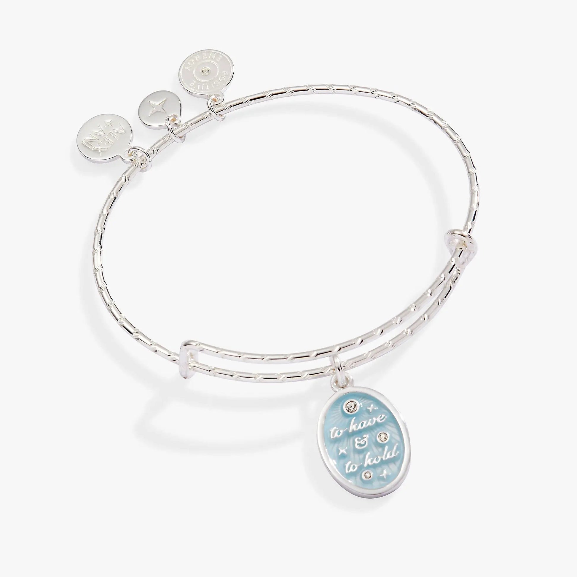 Silver Alex and Ani bridal bangle with blue enamel disc inscribed To Have And To Hold on Tampa Home & Garden Store