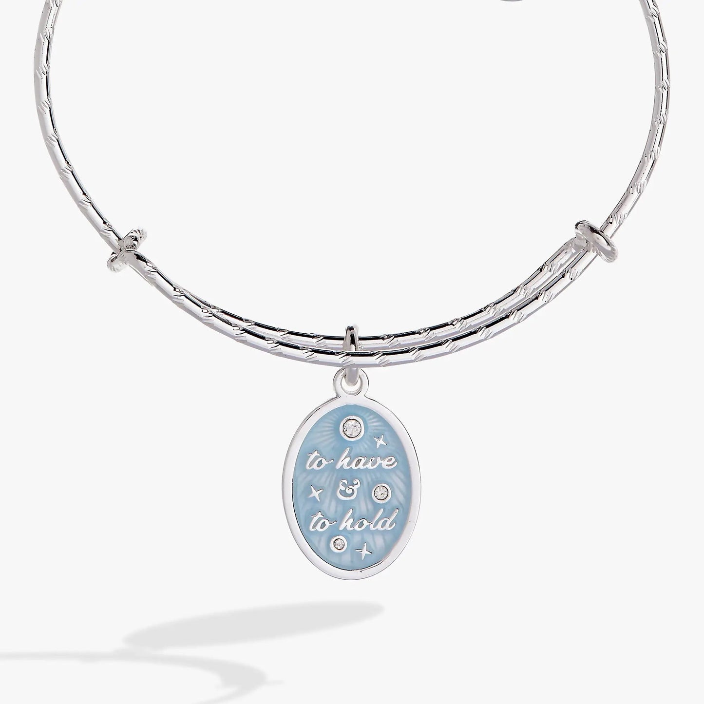 To Have And To Hold bridal bangle by ALEX AND ANI on chain with blue enamel pendant on Tampa Home & Garden Store