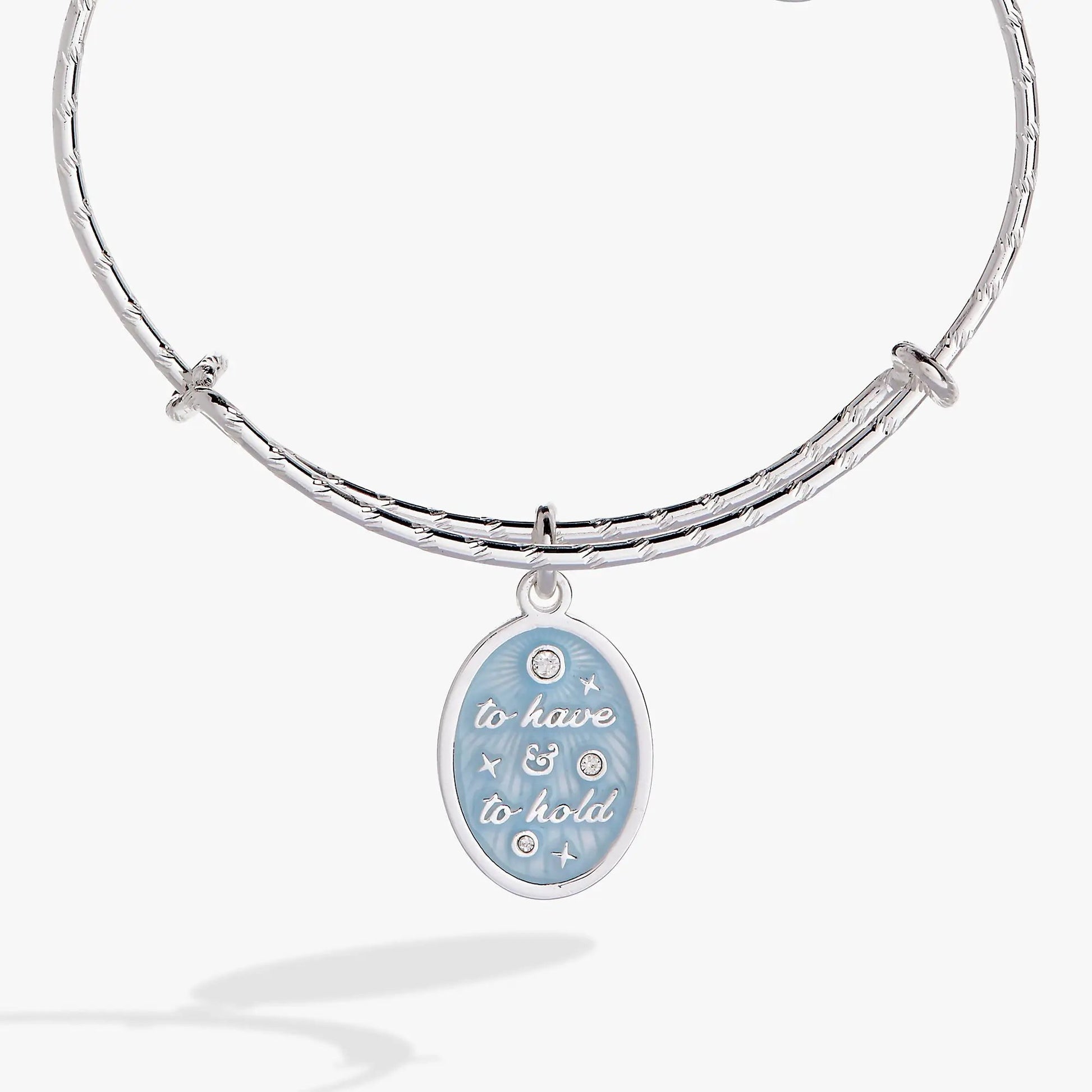 To Have And To Hold bridal bangle by ALEX AND ANI on chain with blue enamel pendant on Tampa Home & Garden Store