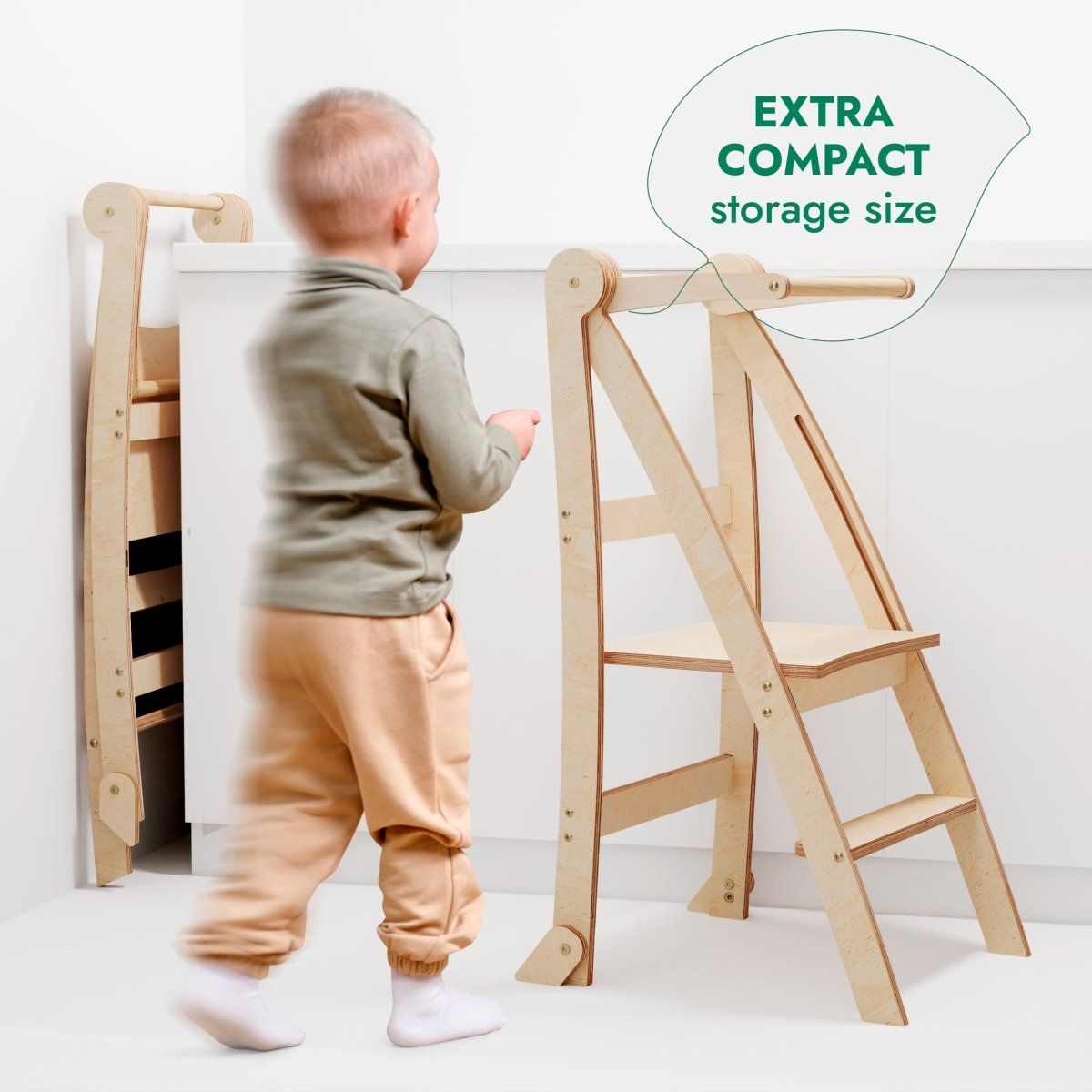 Toddler Tower foldable step stool in beige wood, compact two stools display with a child on Tampa Home & Garden Store