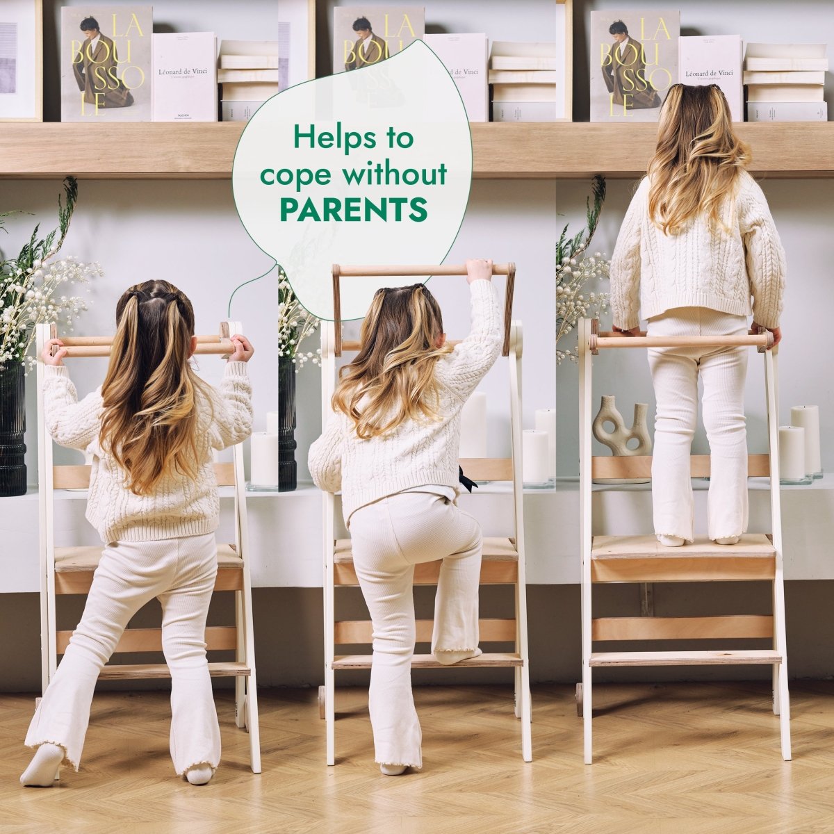Goodevas Toddler Tower Foldable Beige stools, three towers with kids climbing wooden steps on Tampa Home & Garden Store