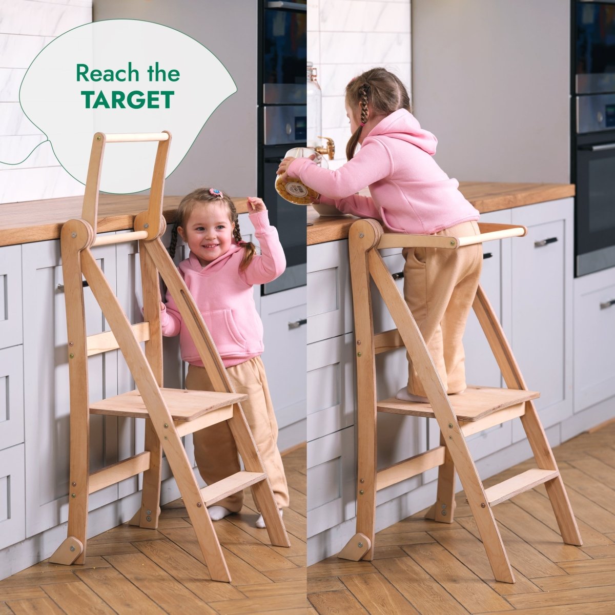 Goodevas Toddler Tower foldable wooden step stool beige with kids at kitchen counter on Tampa Home & Garden Store