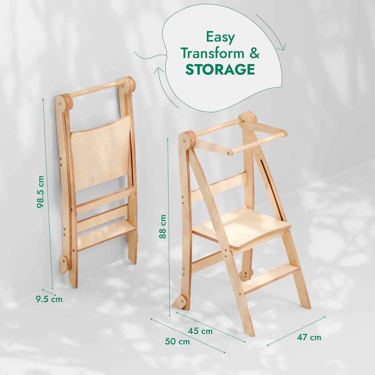 Goodevas Toddler Tower foldable beige wooden step stool with folded and unfolded views on Tampa Home & Garden Store