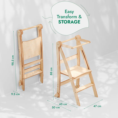 Goodevas Toddler Tower foldable beige wooden step stool with folded and unfolded views on Tampa Home & Garden Store