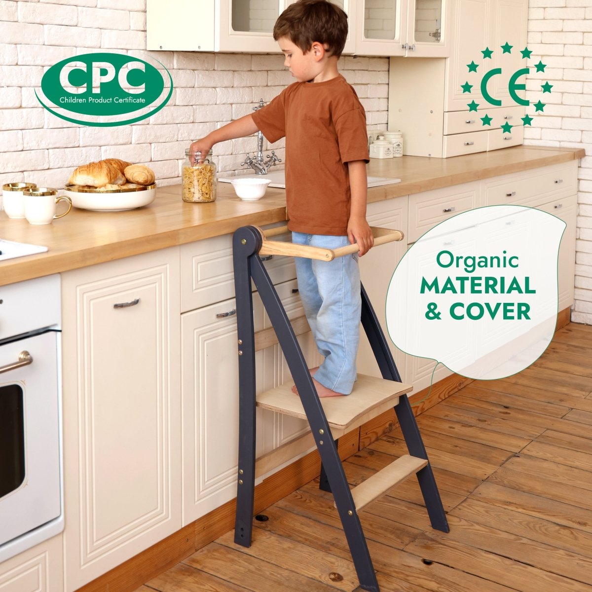 Toddler Tower foldable step stool beige with wood steps navy frame for kitchen use on Tampa Home & Garden Store