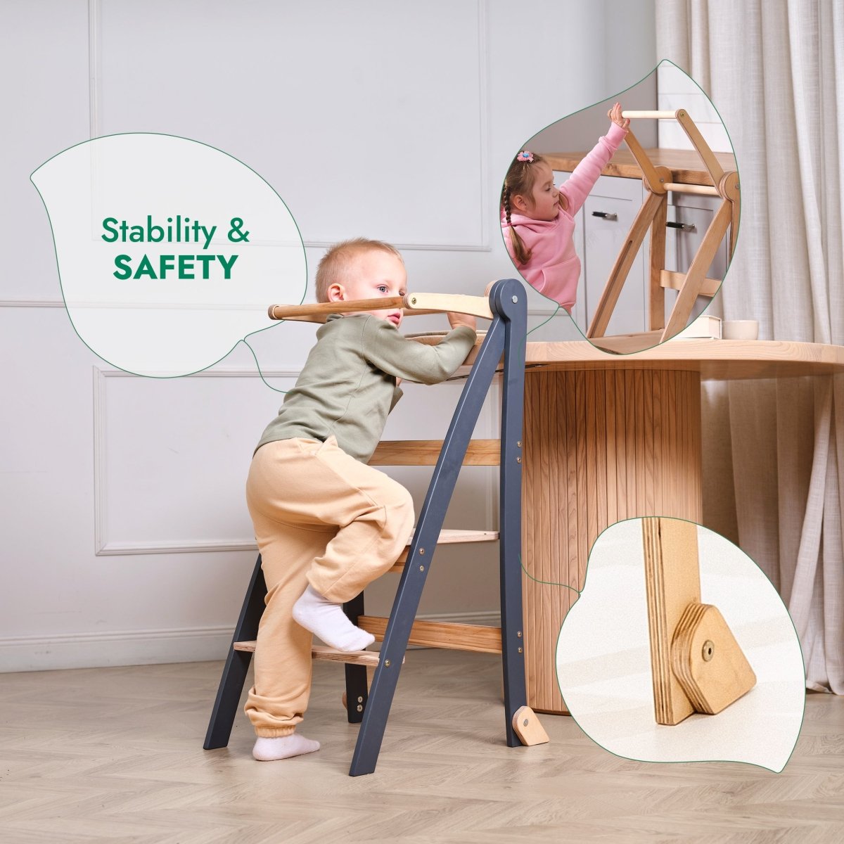 Goodevas Toddler Tower Foldable Stool Beige with wood steps for Table & Bar Stools on Tampa Home & Garden Store