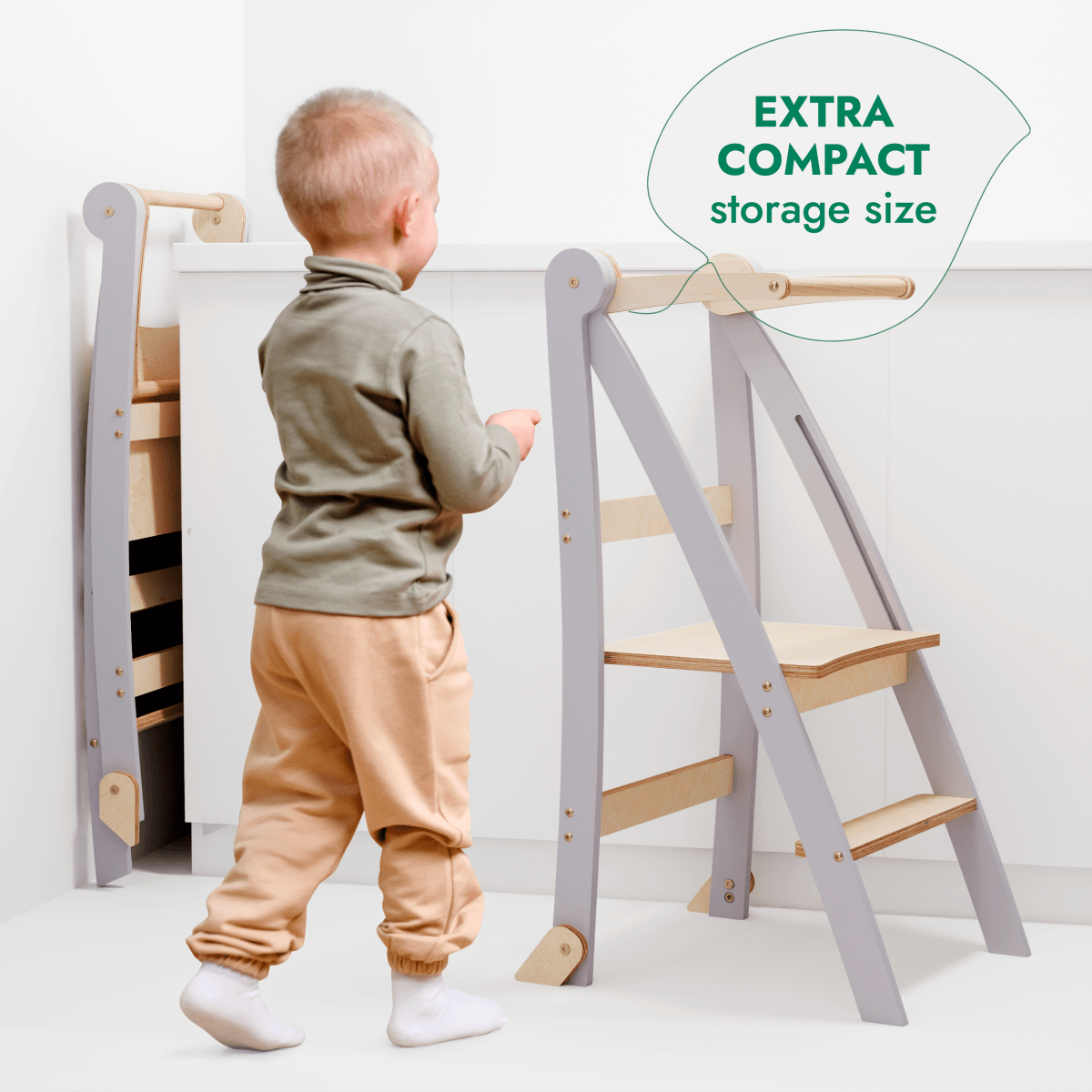Goodevas Toddler Tower foldable step stool, gray frame with wooden steps on Tampa Home & Garden Store