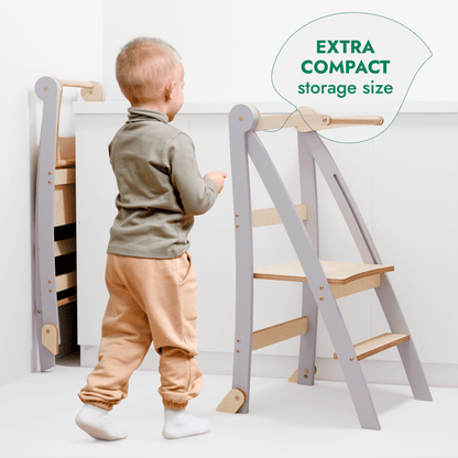 Goodevas Toddler Tower foldable step stool, gray frame with wooden steps on Tampa Home & Garden Store