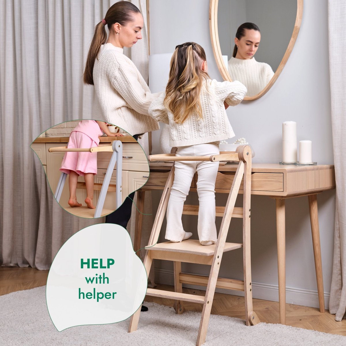 Toddler Tower foldable wooden step stool beige by Goodevas for toddlers on Tampa Home & Garden Store