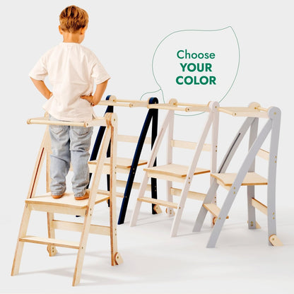 Toddler Tower foldable step stool by Goodevas, beige color option, wooden frame, set of 4 on Tampa Home & Garden Store
