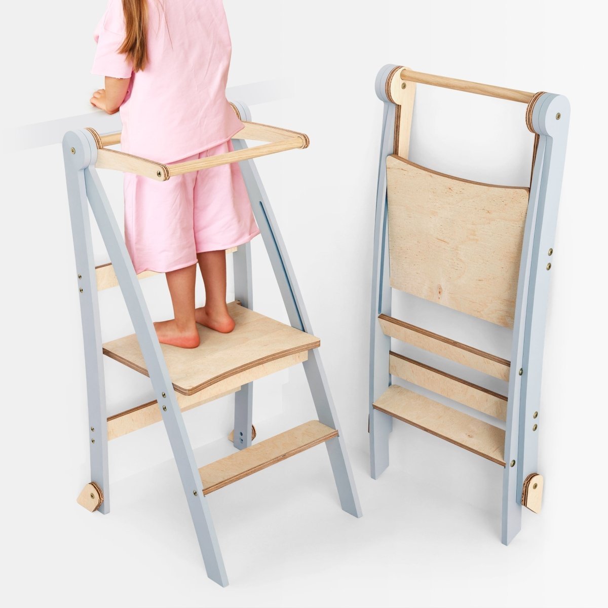 Toddler Tower foldable step stool gray frame with wood steps, 2 views Goodevas on Tampa Home & Garden Store