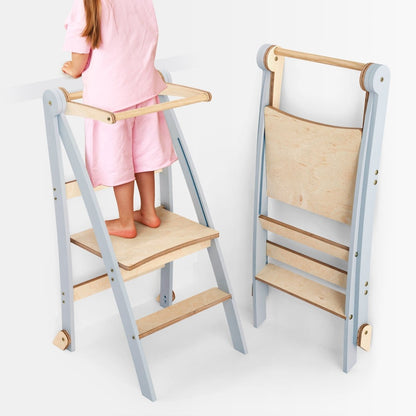 Toddler Tower foldable step stool gray frame with wood steps, 2 views Goodevas on Tampa Home & Garden Store
