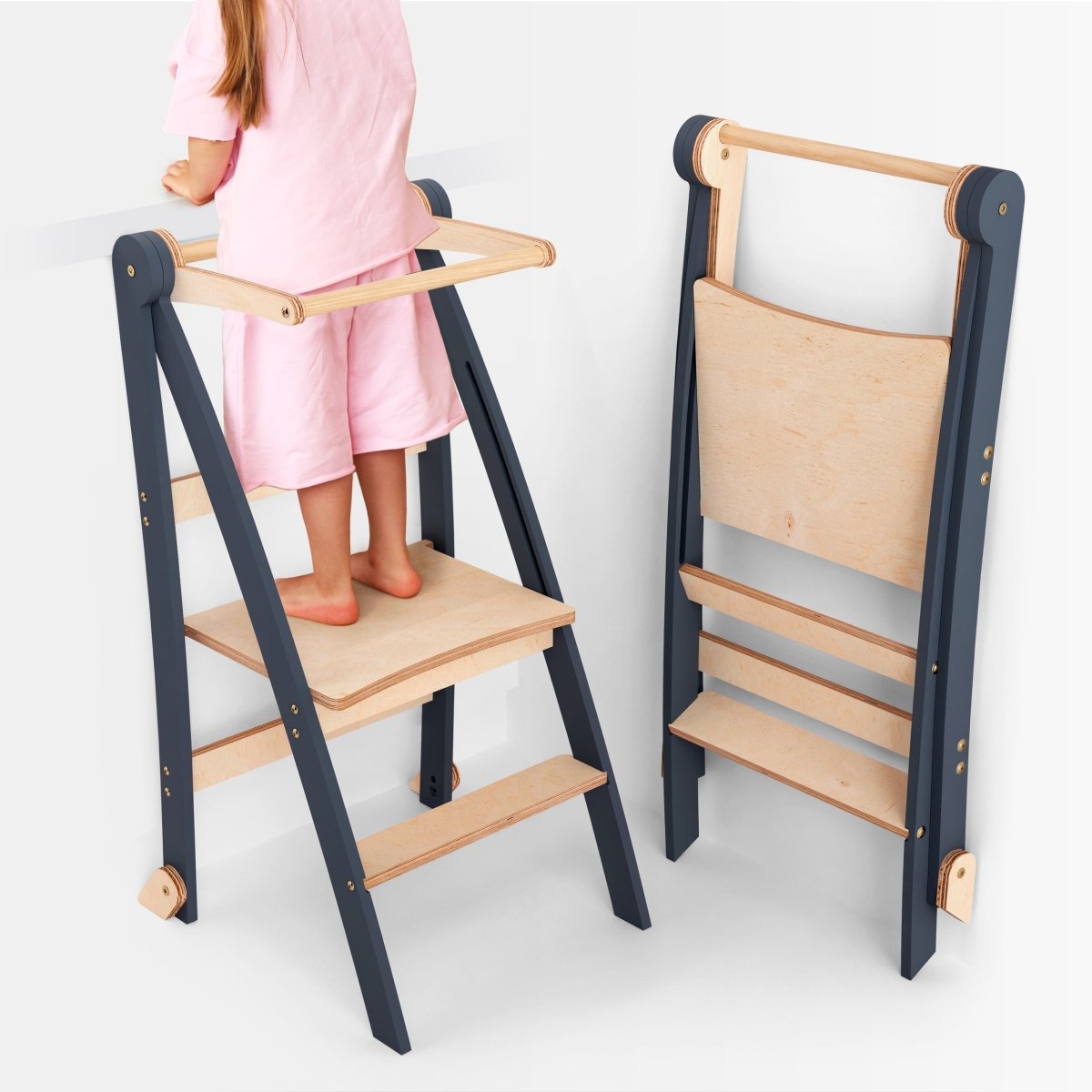 Toddler Tower Goodevas graphite foldable kid's step stool set of 2 with natural wood steps on Tampa Home & Garden Store