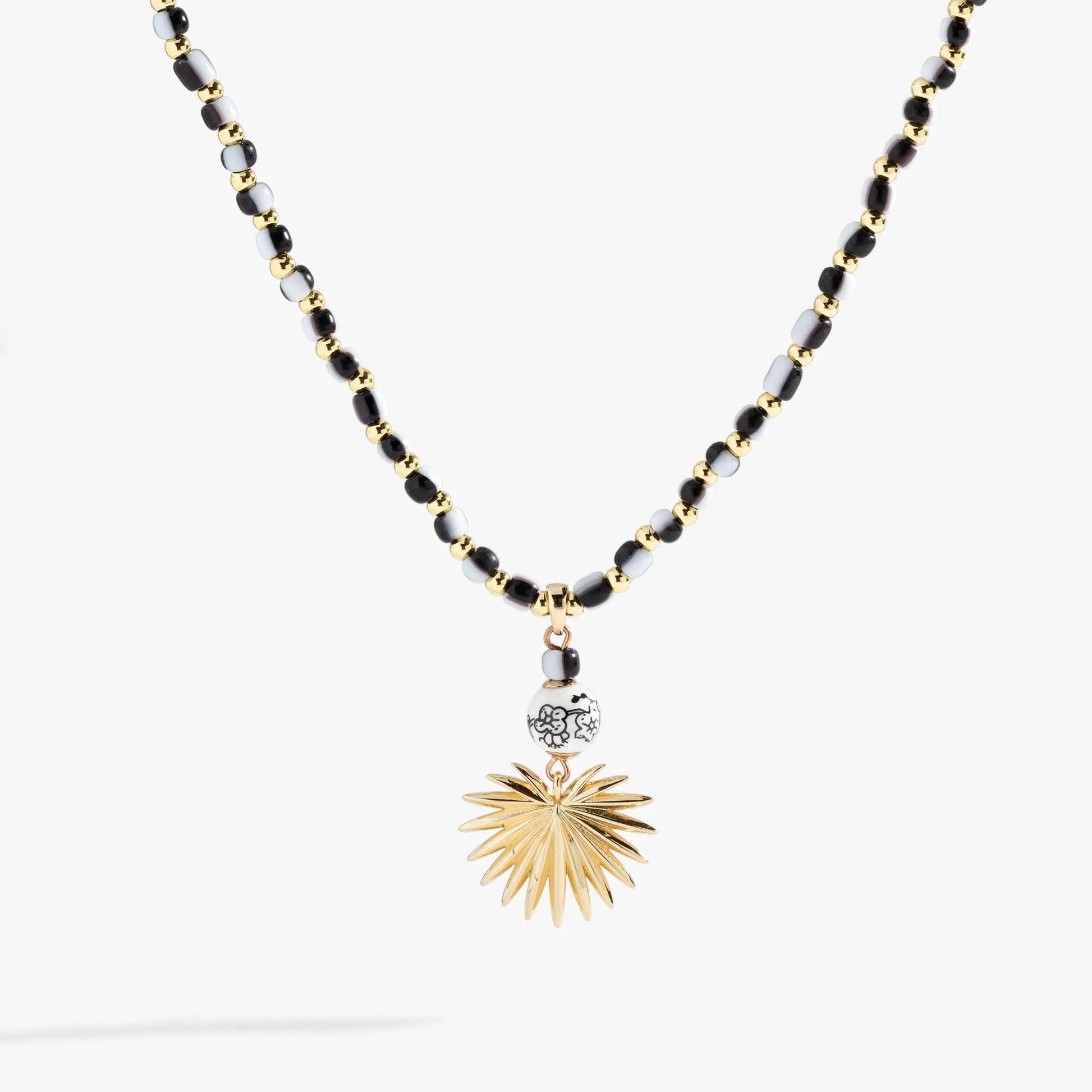 Toile Beaded Palm Pendant Necklace by ALEX AND ANI with gold-tone and black-white beads on Tampa Home & Garden Store
