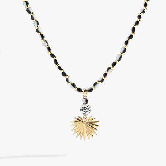 Toile Beaded Palm Pendant Necklace by ALEX AND ANI with gold-tone and black-white beads on Tampa Home & Garden Store