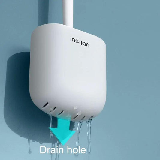 Toilet brush with wall-mounted holder; long handle, white rounded case with drain holes on Tampa Home & Garden Store