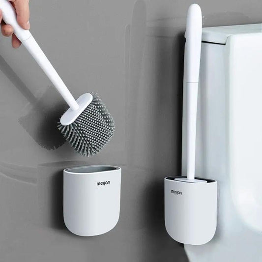 Toilet brush with wall-mounted holder set, white long-handled silicone-bristle brush on Tampa Home & Garden Store
