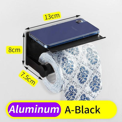 Stevvex black aluminum toilet paper holder with phone shelf, wall mount on Tampa Home & Garden Store