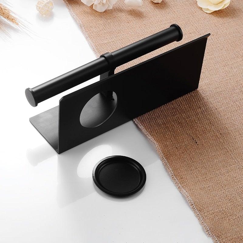 Toilet paper holder with shelf, black aluminum wall-mount panel with circular hole and towel rod on Tampa Home & Garden Store