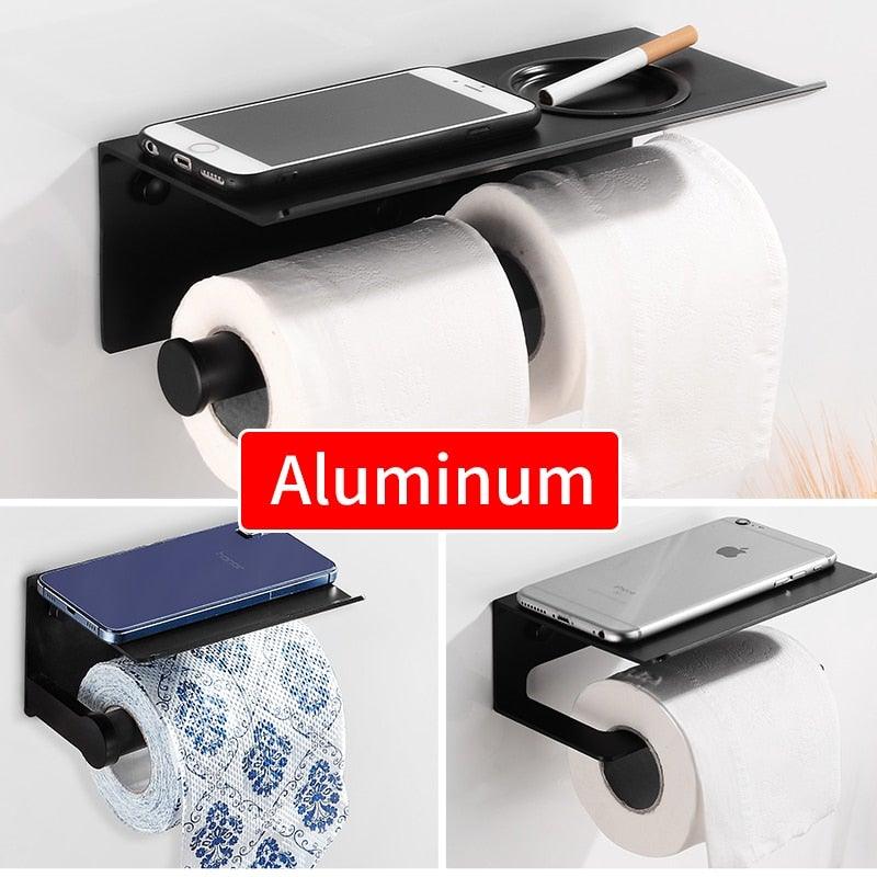 Toilet paper holder with shelf, black aluminum wall mount by Stevvex, phone tray on top on Tampa Home & Garden Store