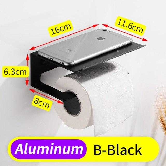 Toilet paper holder with shelf, black aluminum, wall-mounted tissue roll holder with phone tray on top on Tampa Home & Garden Store