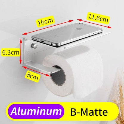 Toilet paper holder with phone shelf, aluminum matte black, wall mount tissue roll hanger on Tampa Home & Garden Store