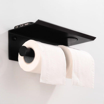 Toilet paper holder Stevvex black aluminum dual-roll with storage shelf wall mount on Tampa Home & Garden Store