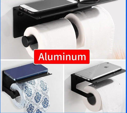 Stevvex black aluminum toilet paper holder with shelf and phone stand, wall-mounted rack with screws on Tampa Home & Garden Store