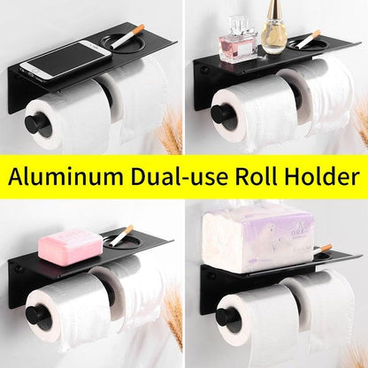 Toilet Paper Holder with Shelf, black aluminum wall-mount dual-use roll holder with phone shelf on Tampa Home & Garden Store