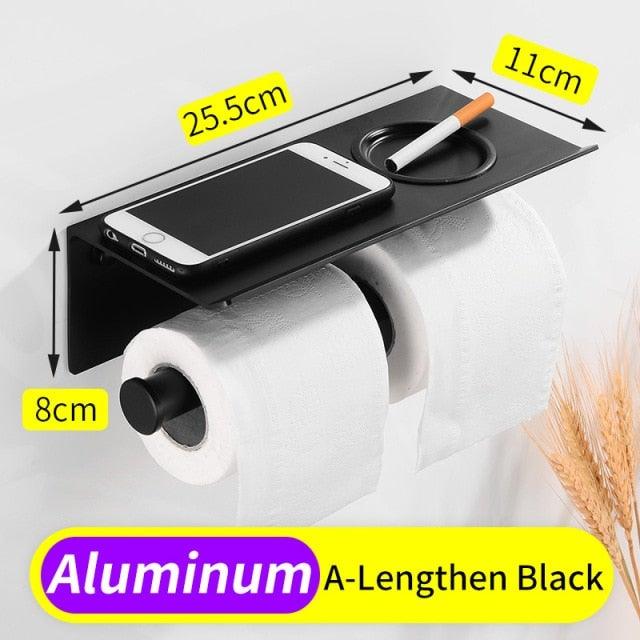 Black aluminum wall-mount toilet paper holder with shelf for phone and dual rolls on Tampa Home & Garden Store