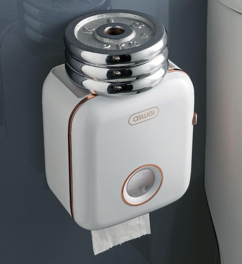 Stevvex white wall-mounted toilet paper holder with copper trim and circular window on Tampa Home & Garden Store