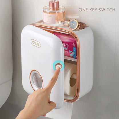 Stevvex white wall-mounted toilet paper holder with shelf and drawer, rose-gold trim on Tampa Home & Garden Store