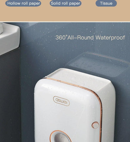 Stevvex white wall-mounted toilet paper holder with copper trim and shelf, 360° waterproof on Tampa Home & Garden Store