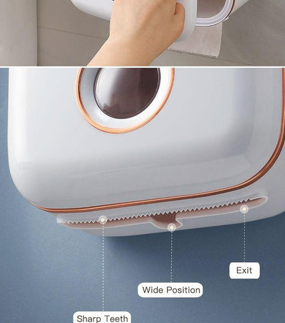 Stevvex white wall-mount toilet paper holder with storage shelf and drawer, copper rim on Tampa Home & Garden Store