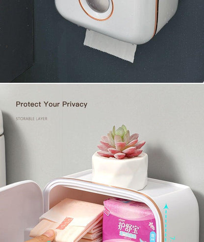 White Stevvex toilet paper holder with tissue box, shelf and drawer, wall mount on Tampa Home & Garden Store
