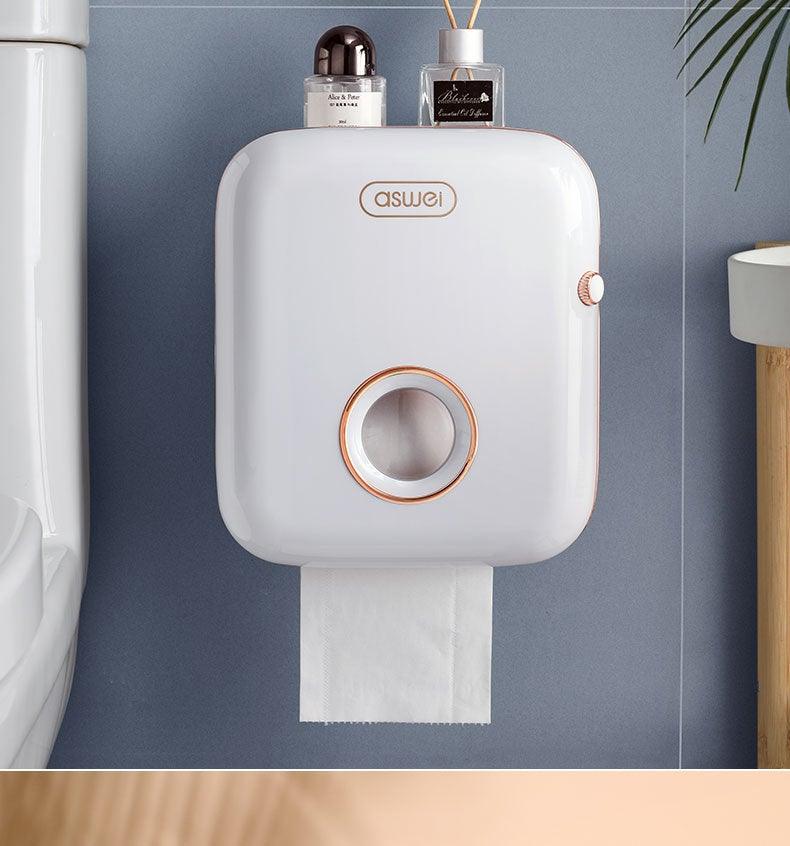 Stevvex white wall-mounted toilet paper holder dispenser with rose-gold circular window on Tampa Home & Garden Store