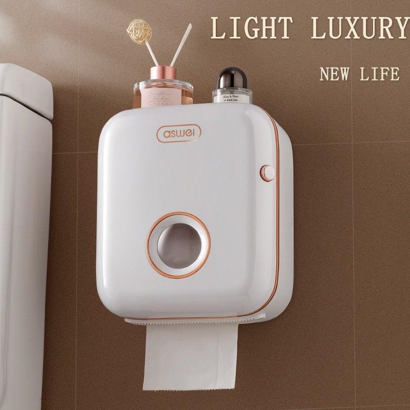 Stevvex wall-mounted toilet paper holder and tissue dispenser, white with rose-gold trim on Tampa Home & Garden Store