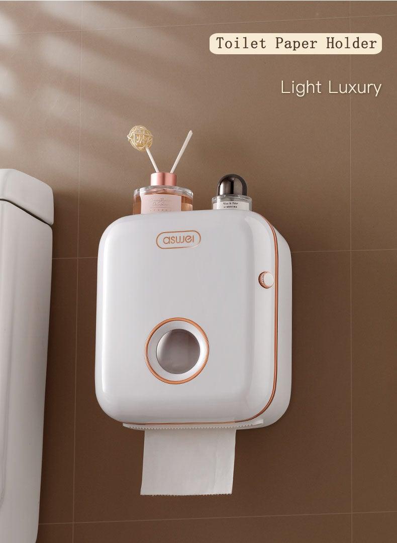 Toilet Paper Holder Stevvex wall-mounted white with rose-gold trim, shelf and drawer on Tampa Home & Garden Store