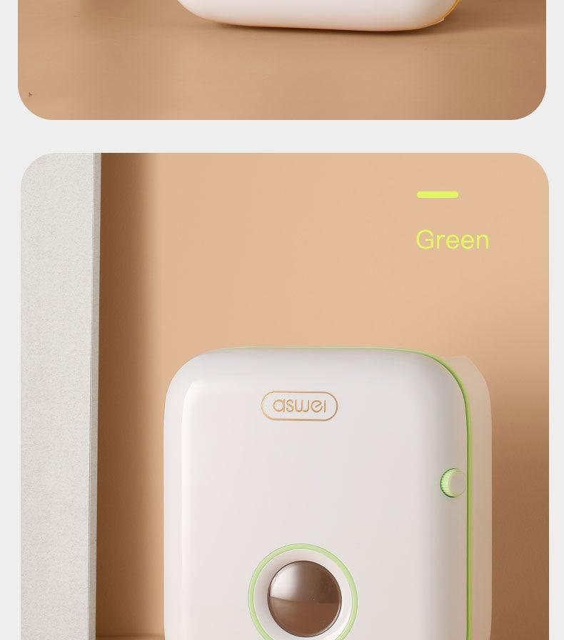 Stevvex wall-mount toilet paper holder dispenser with shelf and drawer white with green trim on Tampa Home & Garden Store