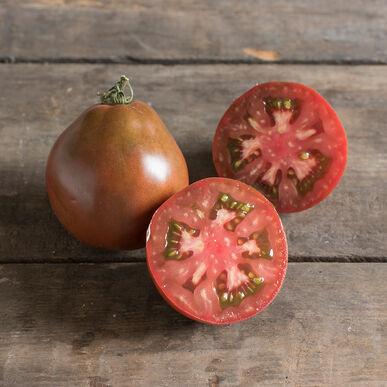Japanese Black Trifle Tomato seeds from Seedtime Store; brown-purple fruit with red interior and halves on Tampa Home & Garden Store