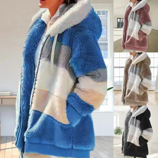 Plus Size fluffy hooded Parka with 4-color color-block panels and zipper on Tampa Home & Garden Store