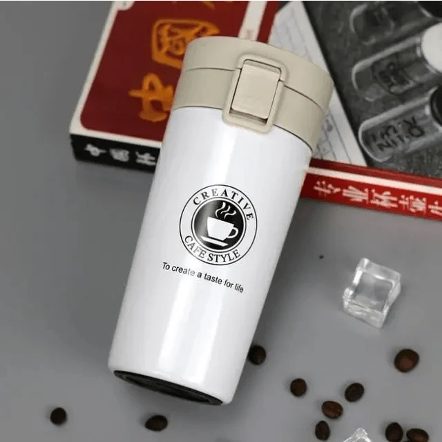Stevvex travel mug stainless steel thermos beige lid white body Creative Cafe Style logo on Tampa Home & Garden Store